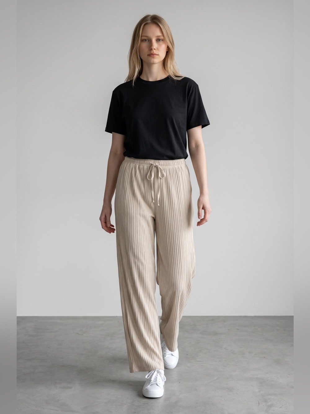 Pleated Wide-Leg Drawstring Pants in Light Beige
